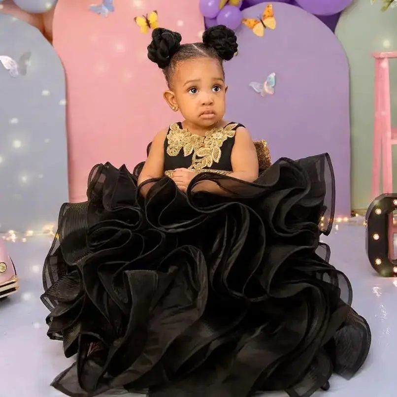 Black Girls Birthday Party Dresses Customized Gold Beading Sequins Flower Girl Dresses Kids Little Baby Ball Gowns for Wedding