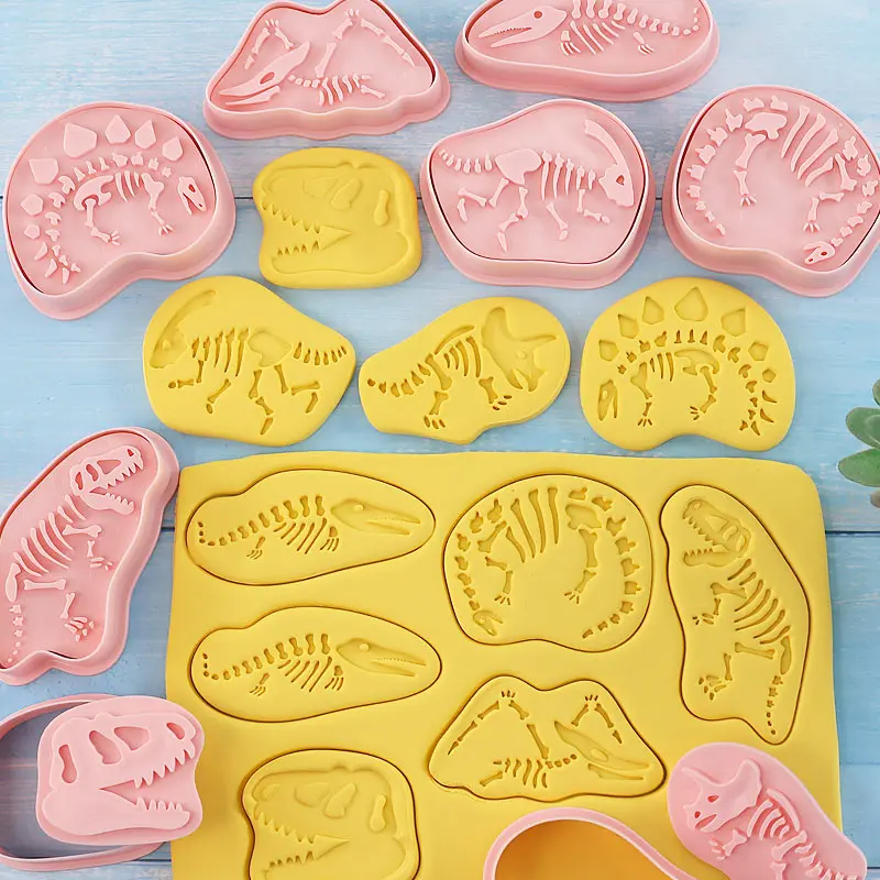 Juego de 8 Uds de cortadores de galletas fósiles de dinosaurios, molde para galletas en relieve de dibujos animados en 3D, sello para galletas, molde para hornear postres para cumpleaños de niños