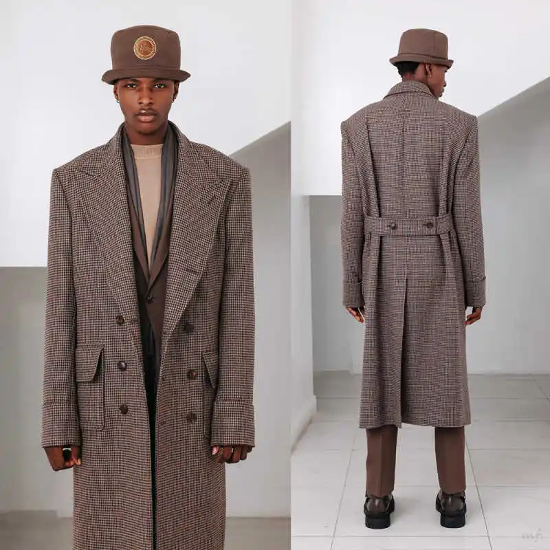 

Modern Houndstooth Double Breasted Men Long Coat Peaked Lapel Jacket Blazer Winter Business Customized One Piece
