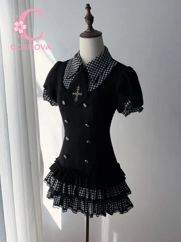 

Японское готическое платье в стиле лолита, имитация двухслойного дизайна, в клетку, с коротким рукавом, черное, женское, мини-платье-кейк, летний наряд в стиле Y2K