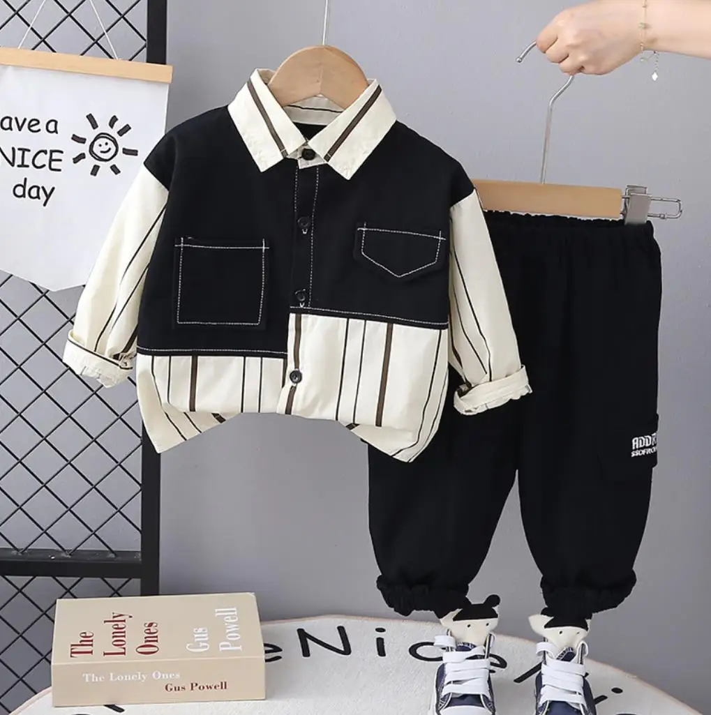 Boys Autumn Outfits 6 To 12 Months Children Baby Clothing Stripe Patchwork Long Sleeve Shirts And Pants Casual Kids Tracksuits