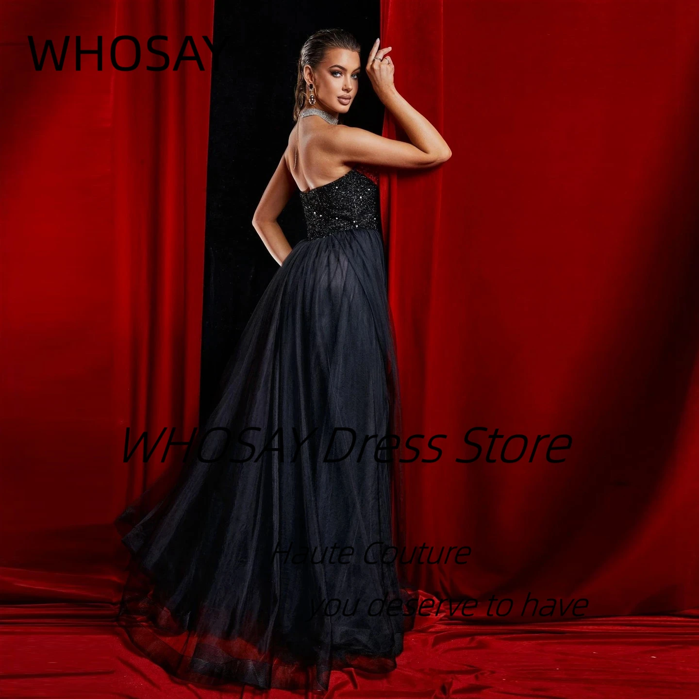 WHOSAY Bespoke Sweetheart Vestidos Des Prom Dresses Sexy Backless A Line Black Tulle Special Party Evening Gowns