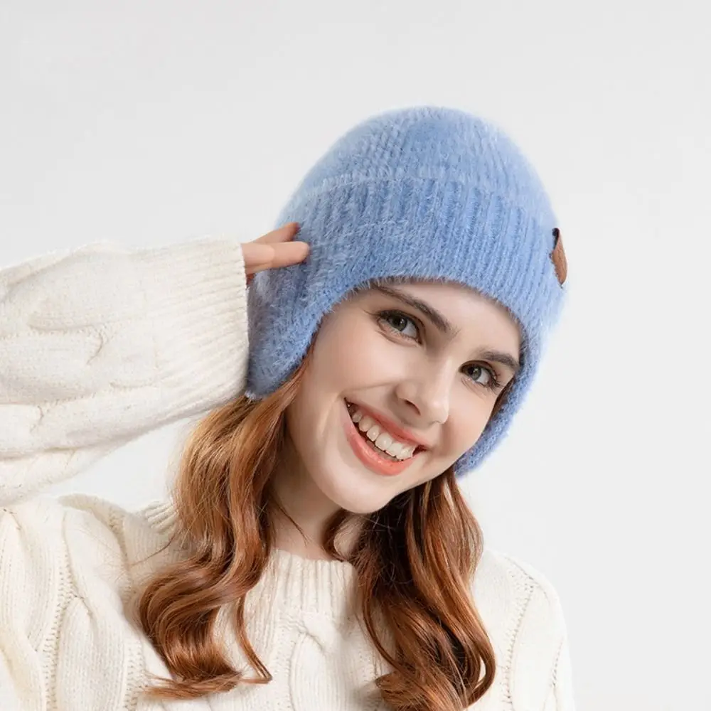 

Headgear Earflap Woolen Hat Cold Proof Solid Color Ear Protection Beanie Cap Plush Thickened Knitted Earflap Hat Streetwear