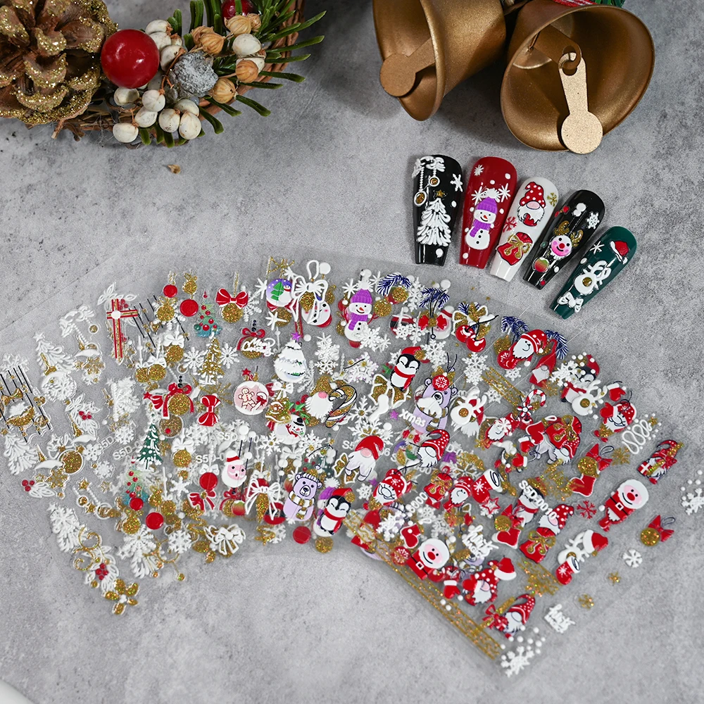 2 Stuks 5D Emboss Winter Kerst Nail Stickers Goud Poeder Sneeuwvlok Kristallen Bol Ontwerp Slider Decals Diy Xmas Nail Art levert