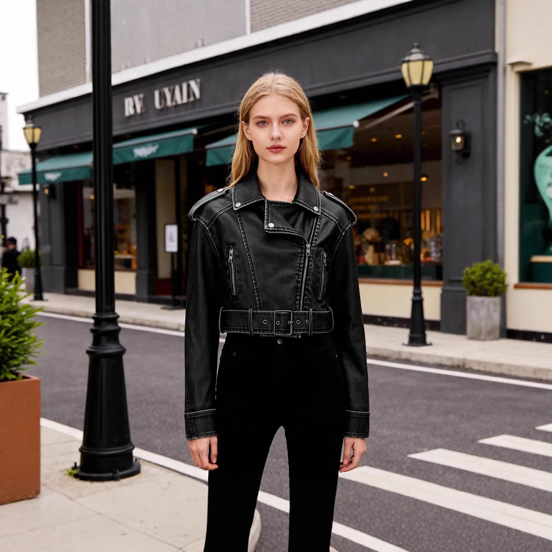 

Waed ey PU Motorcycle Jaet Women ort Collar Belt Vintage Women's Jaet Thiened Artificial Leather ort Length