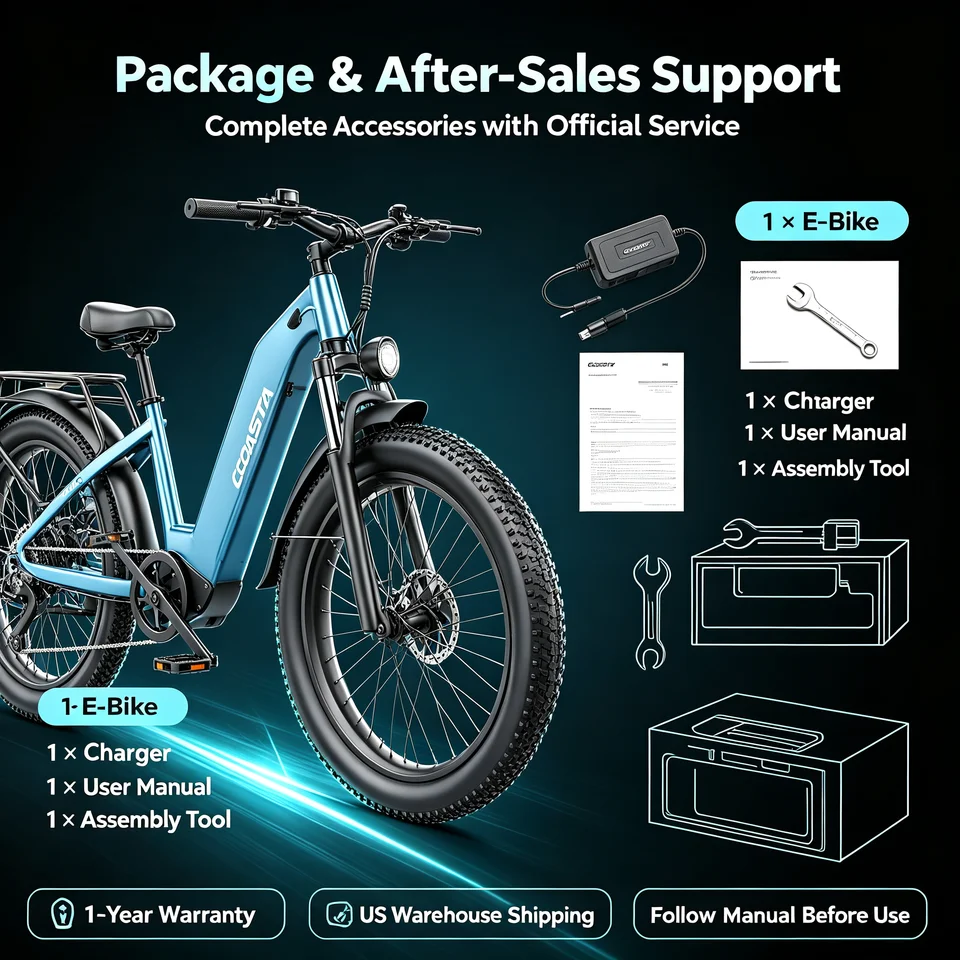 COASTA CT2 26 Inch Dual‑Drive Snow Fat Tire Electric Bike for Adult 155‑190cm Rider,6000W Motor,52V 25Ah Battery,65KM Max Range,Hydraulic Oil Brake,Shimano 7‑Speed,Adjustable Front Fork,IP54 Waterproof,Max Load 180KG,APP&LED Display,UN38.3 UL Certified image 8