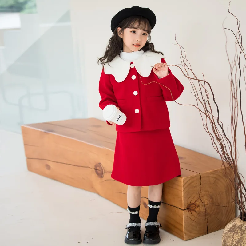 

2025 Autumn Junior Girls Dress Sets Kids Girls Two-piece Dress Sets Peter Pan Collar Coat+Sleeveless Dress Children Girls Sets