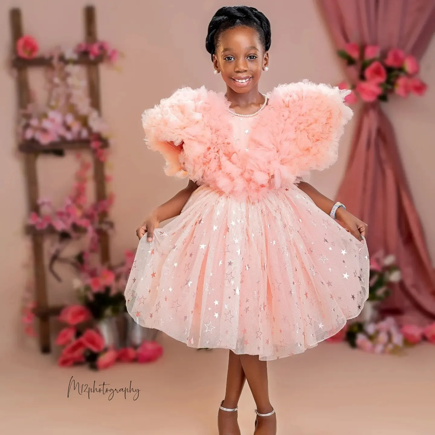 Light Pink Girls Birthday Dresses for Party Customized Star Tulle Ruffles Flower Girl Dresses Knee Length for Wedding