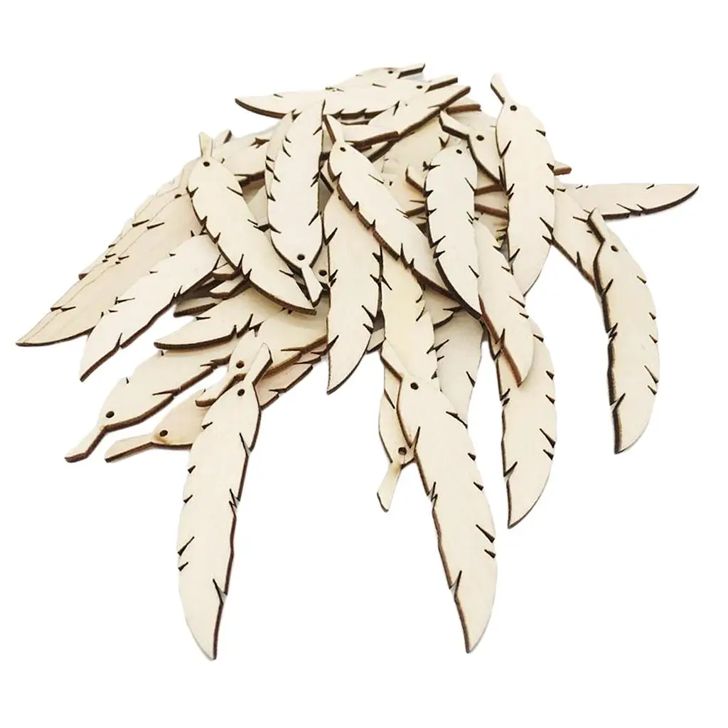 50pcs Unfinished Wood Feathers Rustic Natural Embellishments for Decoration