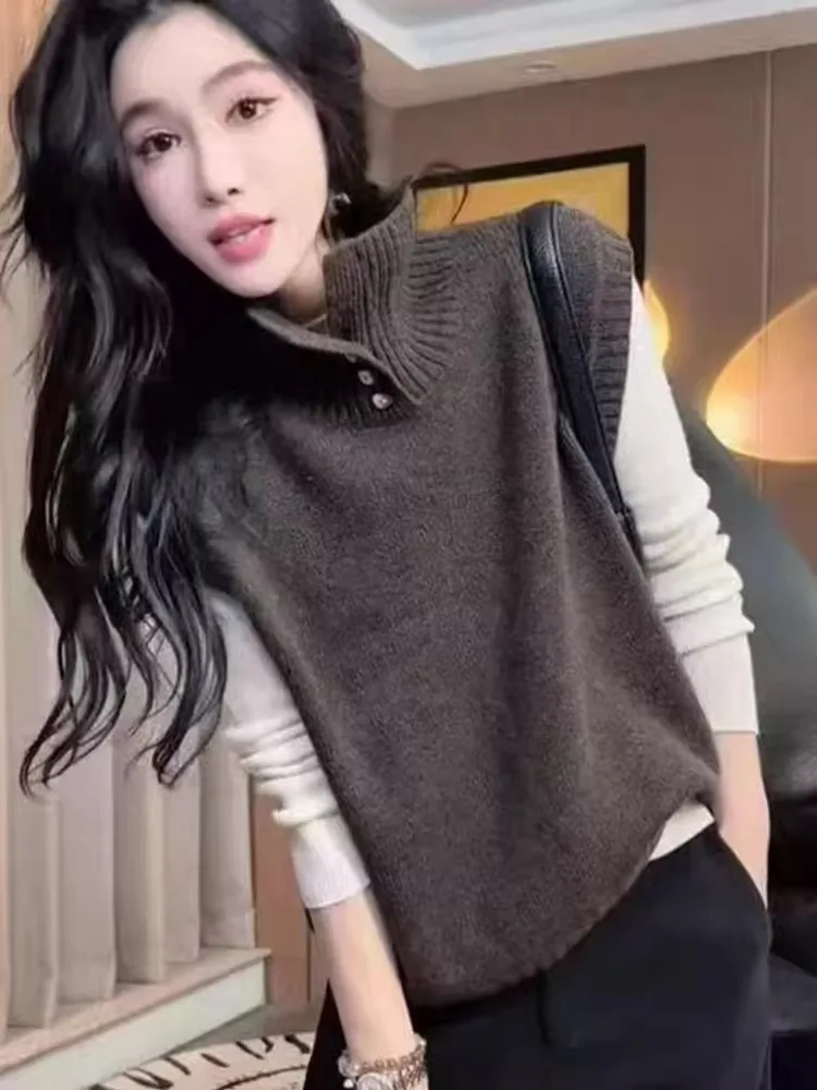 

Высокий вязаный свитер, жилет, женский осенне-зимний ленивый слэ, внутренняя одежда, многослойный однотонный жилет Faion для поездок на работу, топ