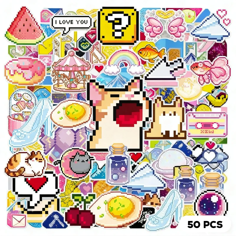 

50Pcs Meme Pixel Stickers - Cute Cartoon Waterproof Decals for Phone Case Luggage Kawaii Decoration for Kid's Journal Stationery