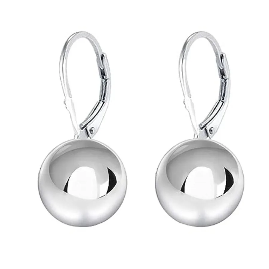 

925 Sterling Silver Classic Leverback Round Bead Ball Drop Earrings 18K Gold Plated for Women 6MM 8MM 10MM 12MM Made in Italy w