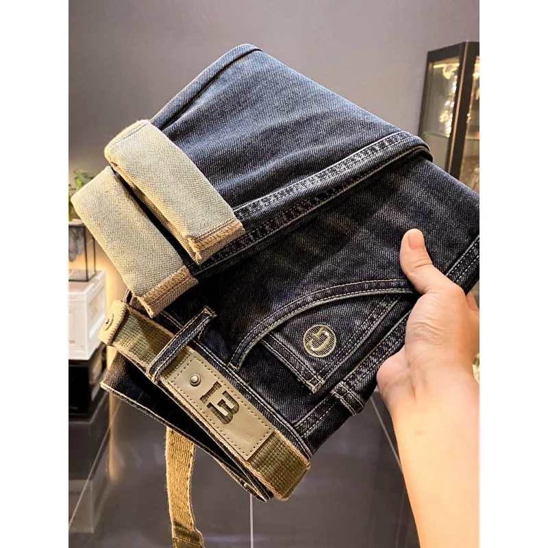 

2025 элитные мужские джинсы с наклонными карманами, осень 2024, новый стиль, маленькая нога, модные длинные брюки с поясом