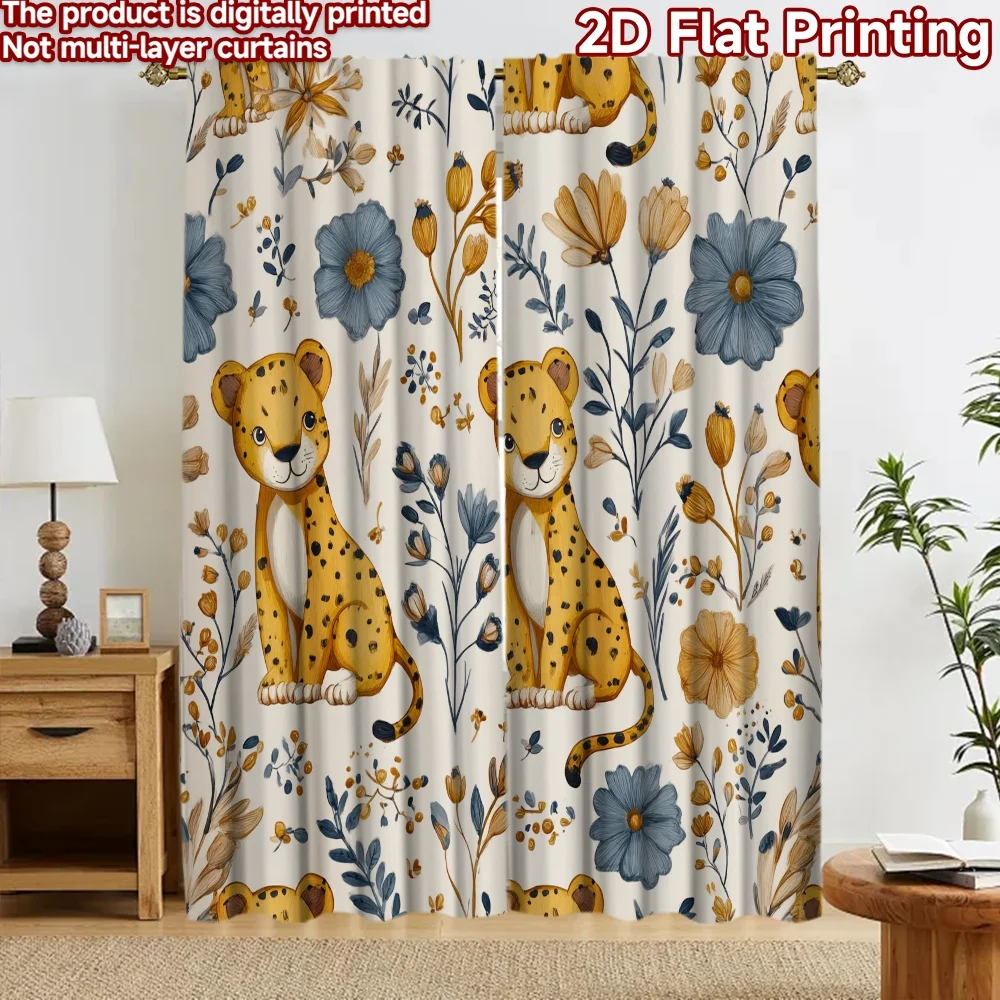 2D flat 2pcs Curtain Modern Minimalist Style Curtains Floral Cheetah Cubs Digitally printed polyester, colorfast Party