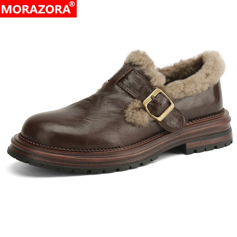 

MORAZORA/Большие размеры 34–43, ботинки из натуральной кожи, женские лоферы с пряжкой, женские лоферы ручной работы на среднем каблуке в стиле ретро, шерстяная зимняя обувь