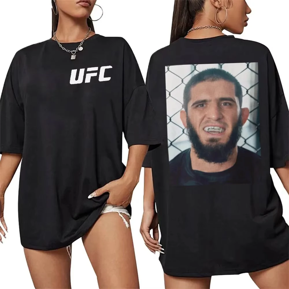 

Футболка с графическим принтом UFC Islam Makhachev, лето 2026, женская, спортивная, хлопковая, с коротким рукавом, свободного кроя, для отдыха и фитнеса, унисекс