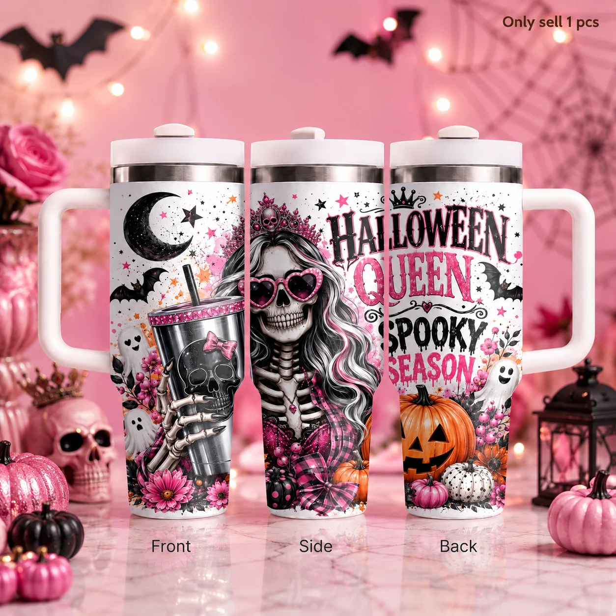 The Ghostly Witch Vacuum Flasks 40oz Stainless Steel Travel Tumbler with Handle Straw Lid Double Wall Vacuum Insulated