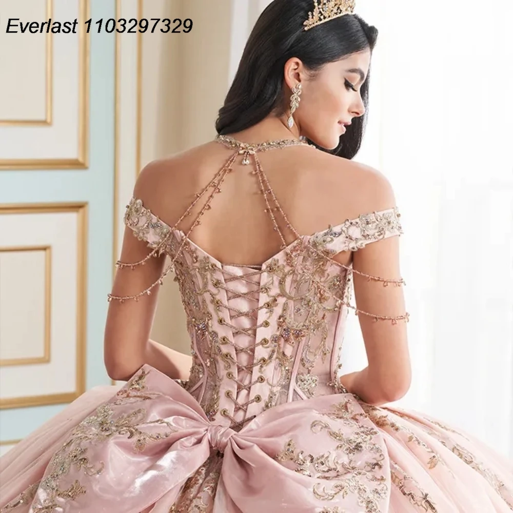 EVLAST Customized Glitter Pink Quinceanera Dress Ball Gown Gold Lace Applique Beaded Bow Corset Sweet 16 Vestidos 15 Anos TQD847