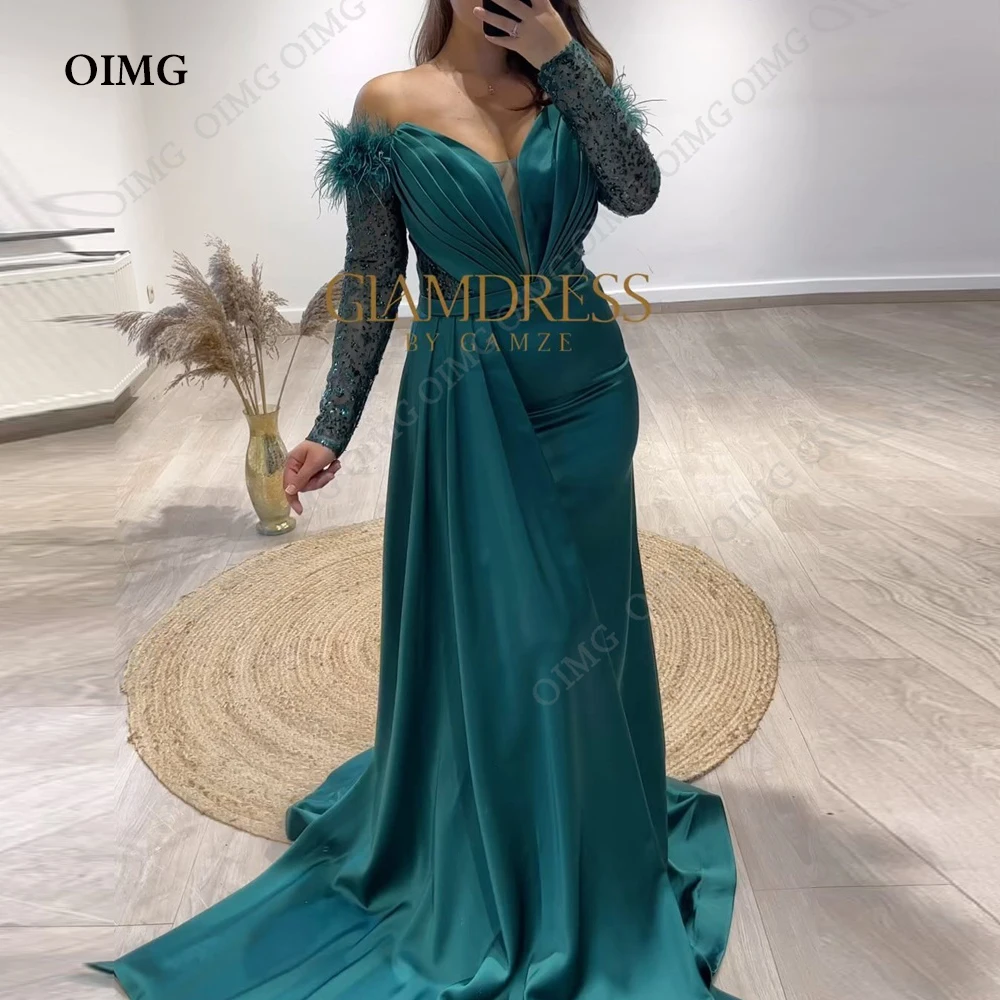 OIMG-vestido de fiesta de cumpleaños brillante con hombros descubiertos, vestido de quinceañera de satén con cuentas, mangas completas, lentejuelas y plumas, elegante, 2023