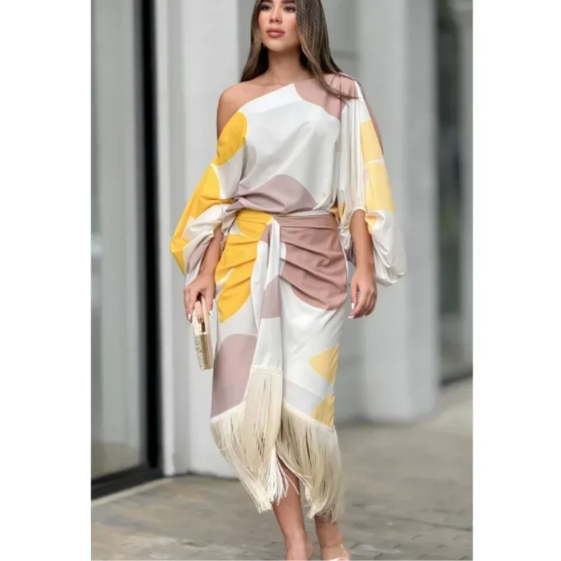 Women's Spring and Autumn New Fashion Temperament Printed Two-piece Lantern Sleeve Loose Top Fringe Bottom Hem Half Body Skirt