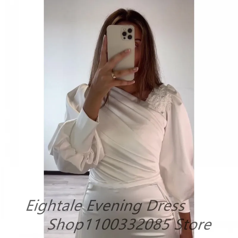 Eightale White Satin Mermaid Long Puff Sleeve Evening Dress Wedding Party Prom Dress Dubai Party Gown Robe de soiree Customized