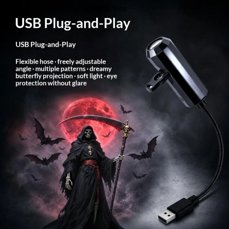 Halloween USB Projector Light Skull Night Light Ghost LED Lamp 360 Degree Rotating Switchable Pattern Dark & Night Atmosphere
