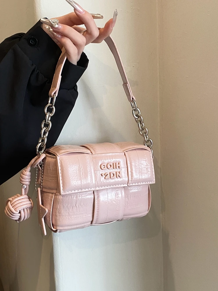 Ele Silver Baskets Women\'s Crossbody Bag Woven Handbag Summer Trendy Small Square Bag Soft PU Leather Casual Sle