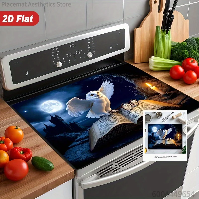 Magical Owl Reading 2D Stove Mat – Heat & Scratch Resistant, Easy-Clean Cover for All Glass & Ceramic Cooktops