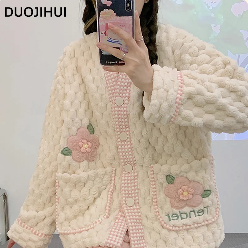 DUOJIHUI Two Piece Simple Winter Thick Warm Pajamas for Women New Long Sleeve Cardigan Loose Pants Fashion Female Sleepwear Sets