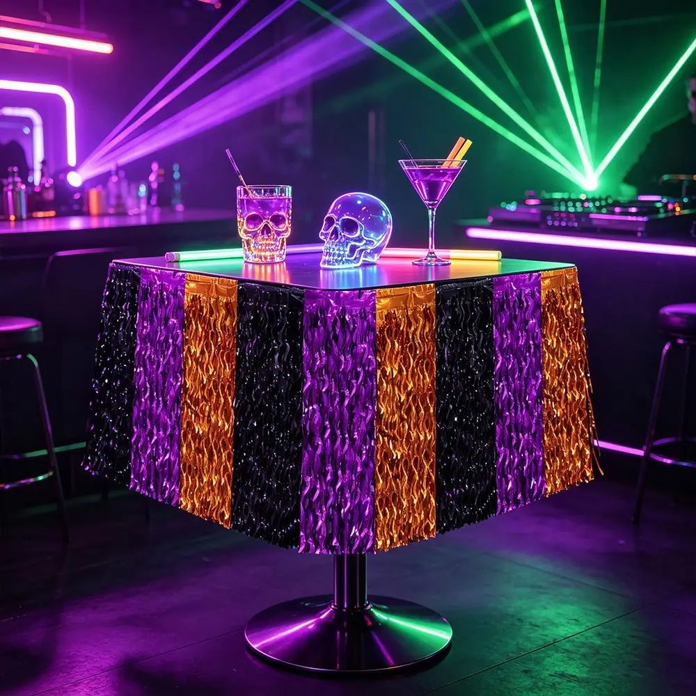 Black Purple Orange Halloween Table Skirt Waving Gradient Metallic Tinsel Foil Fringe Table Skirt PET Table Curtain