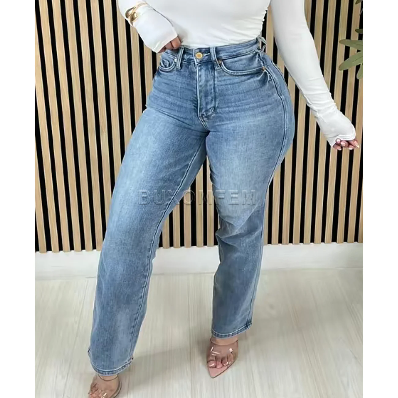 

Female Retro Washed Denim Pants Women's High Waist Stylish Flared Jeans Ladies Modeling Wrap Hips Trousers Fashion Bottoms