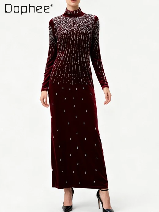 

European American Elegant Socialite Beaded Rhinestone Long Dress New Year Christmas Evening Dresses High-end Luxury Slim Dress