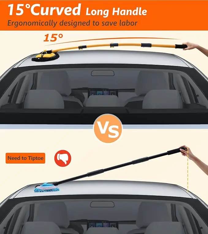 فرشاة تنظيف السيارة، ممسحة تنظيف تلسكوبية ذات مقبض طويل، فرشاة تنظيف بطول قابل للتعديل من الألياف الدقيقة، أصفر.