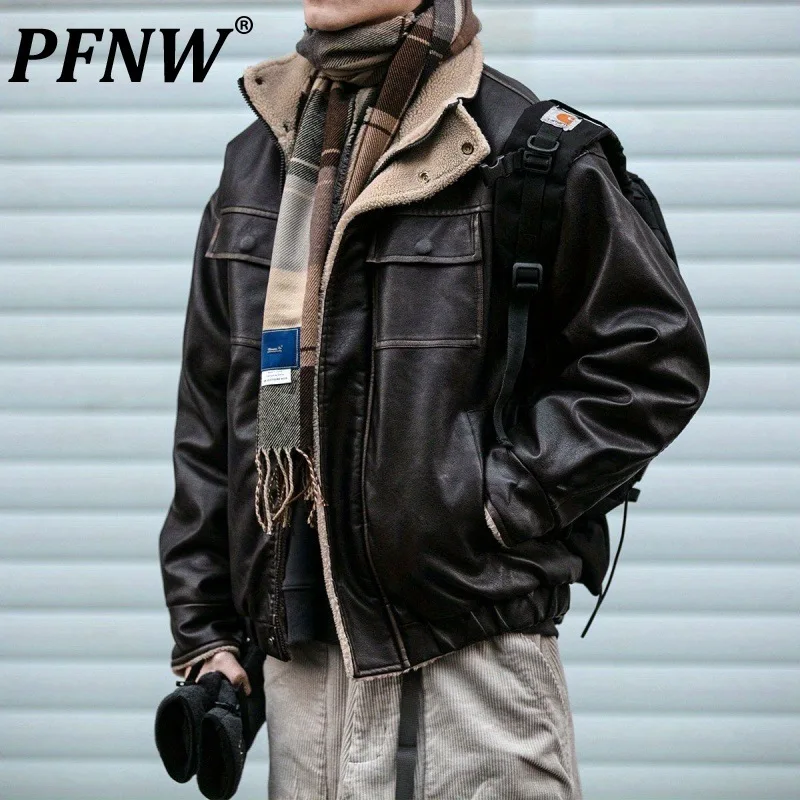 

PFNW American Vintage Stand Collar PU Leather Cotton Jacket Men Winter Trendy Brown Thick Faux-lamb Wool Cotton-padded 12C1284