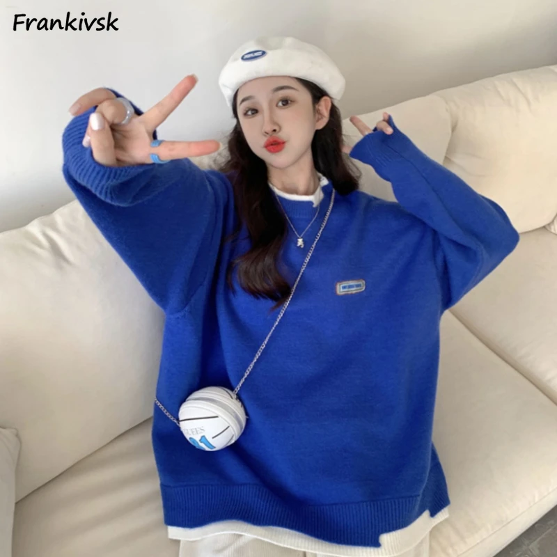 

Klein Blue Sweaters Women Autumn Fake Two Piece All-match Fashion Comfortable Simple Knitting High Street Casual Knitwear Daily