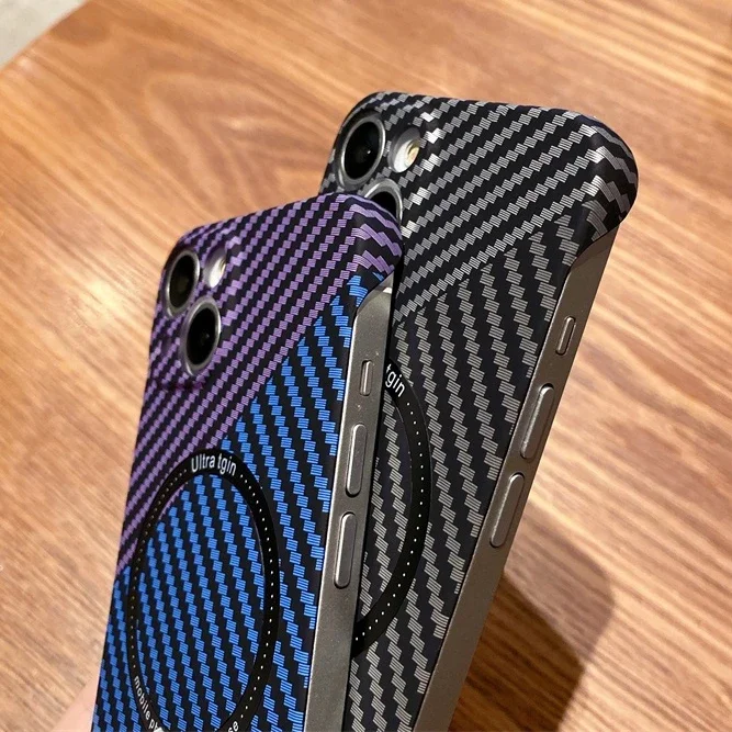 Magnetic Wireless Charging PC Case for iPhone 14 15 Plus 13 12 11 Pro Max Magsafe Carbon Fiber Texture Frameless for Hard Cover