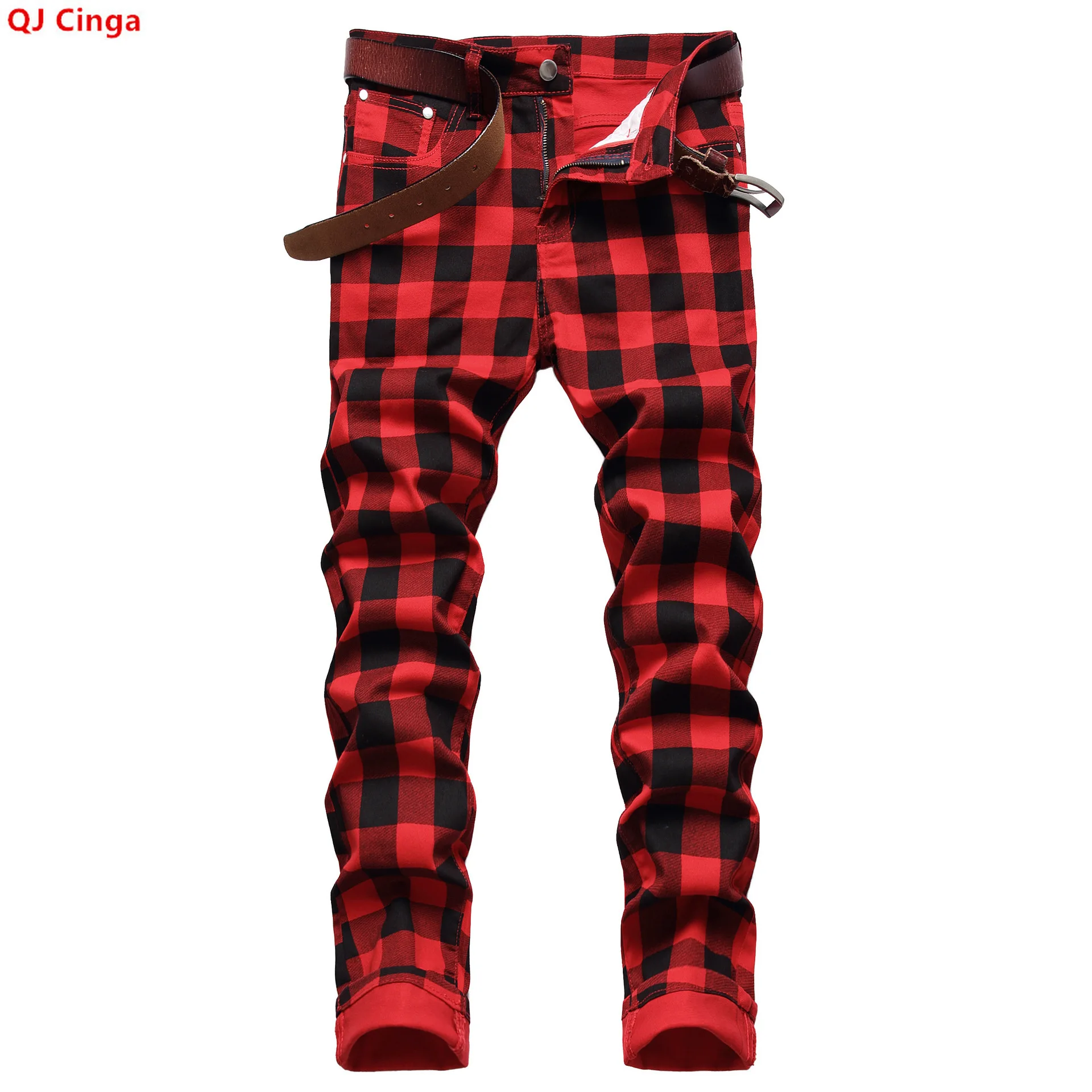 Men's Red Jeans with Checkered Print Details, Made From Stretch Denim Pants, Stylish Slim-fit Design Trousers. 28-34 36 38 40 42