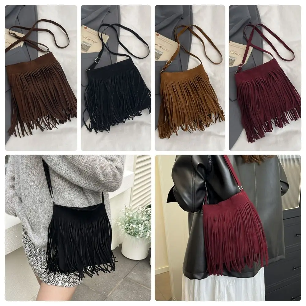 Vintage Suede Fringe Crossbody Bag Large Capacity Solid Color Shoulder Bag Boho Style Adjustable Shoulder Strap Bucket Bag Women