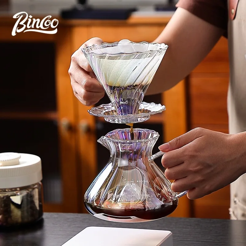 BINCOO Pour-Over Coffee Dripper Set, Manual Glass Server with Measuring Scale, Paper Filter Kit for 450ml/550ml, Home Barista Br