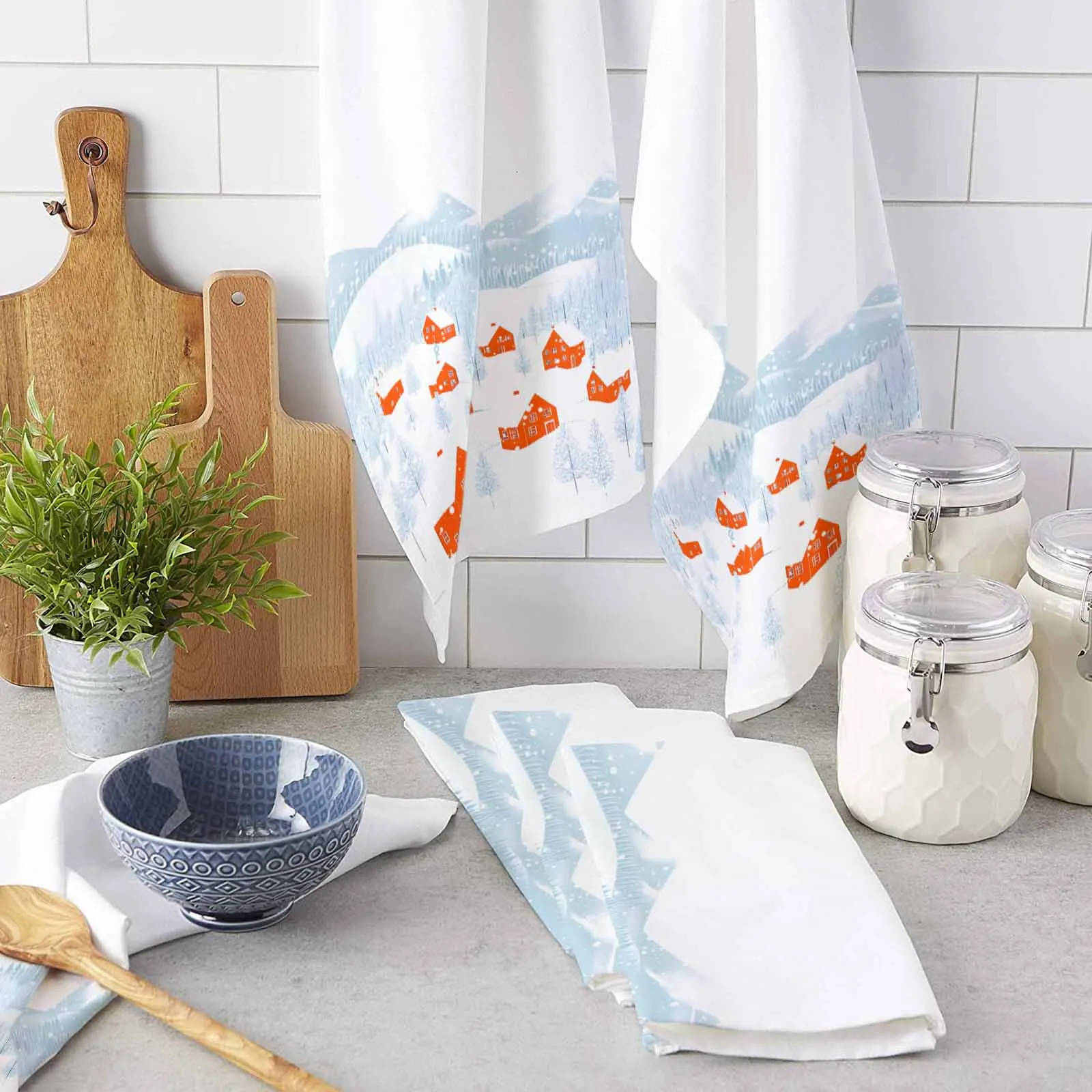 Christmas And Winter Snowflake Town Printed Tea Hand Towel Kitchen Dishcloth Water Absorption Household Cleaning Cloth