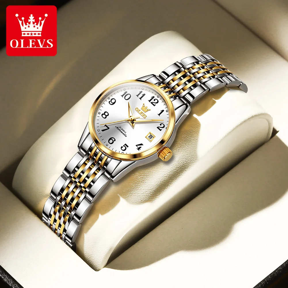 OLEVS Brands Simple Women Mechanical Watch Luxury Stainless Steel Waterproof Luminous Calendar Automatic Watch for Women Gift