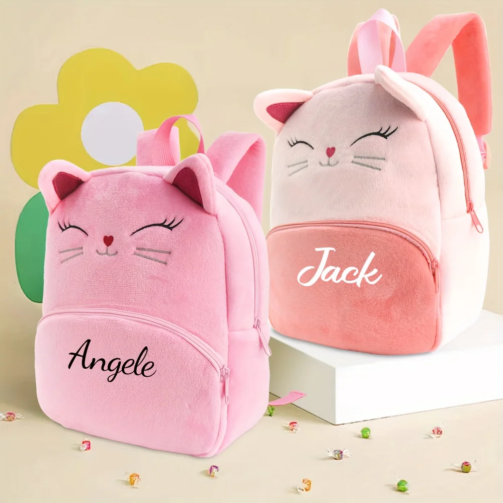 

Custom Embroidered Name Plush Pink Backpack Cute Cat Design Schoolbag Ideal for School, Birthdays, Christmas & New Year's Gifts
