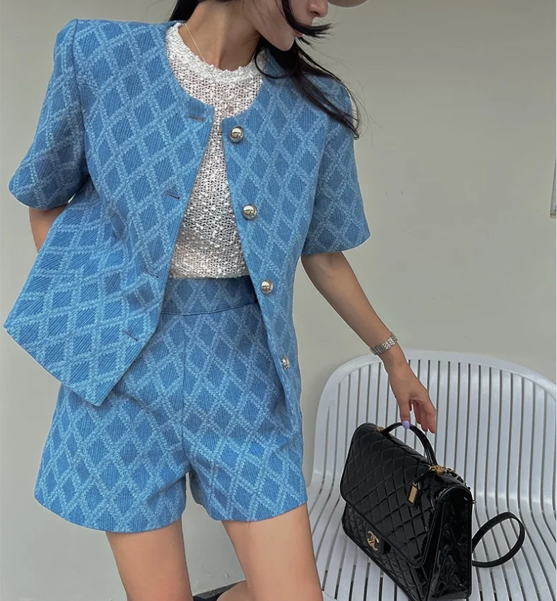 

Women's Plaid Suit Jacket round Neck Single Button Ageless Versatile High Waist Short Pants Set Cotton Fashion Spring Collection