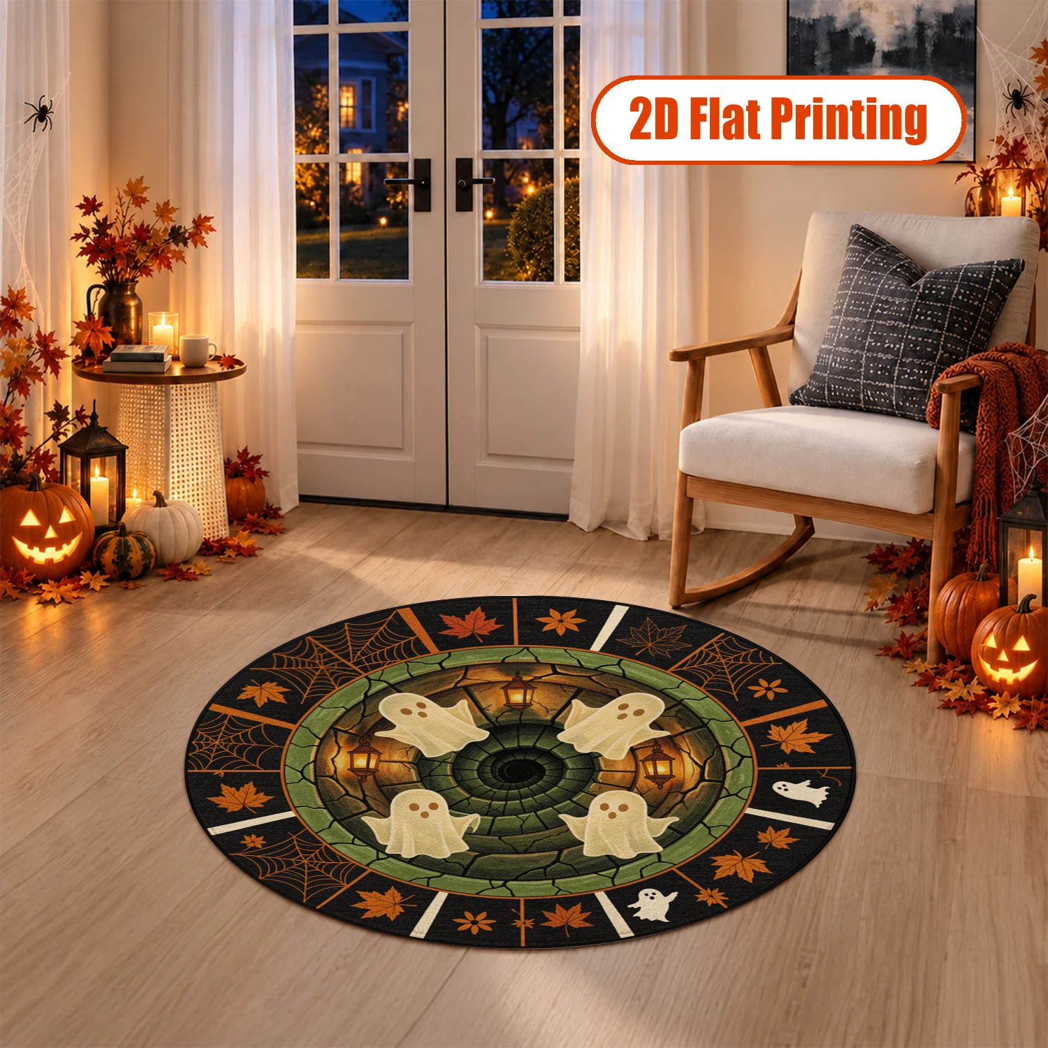 Halloween Ghost Spider Web Maple Leaf Pattern Round Velvet Area Rug Machine Washable Soft Floor Mat for Living Room Bedroom Entryway Halloween Thanksgiving Christmas New Year Holiday Decor
