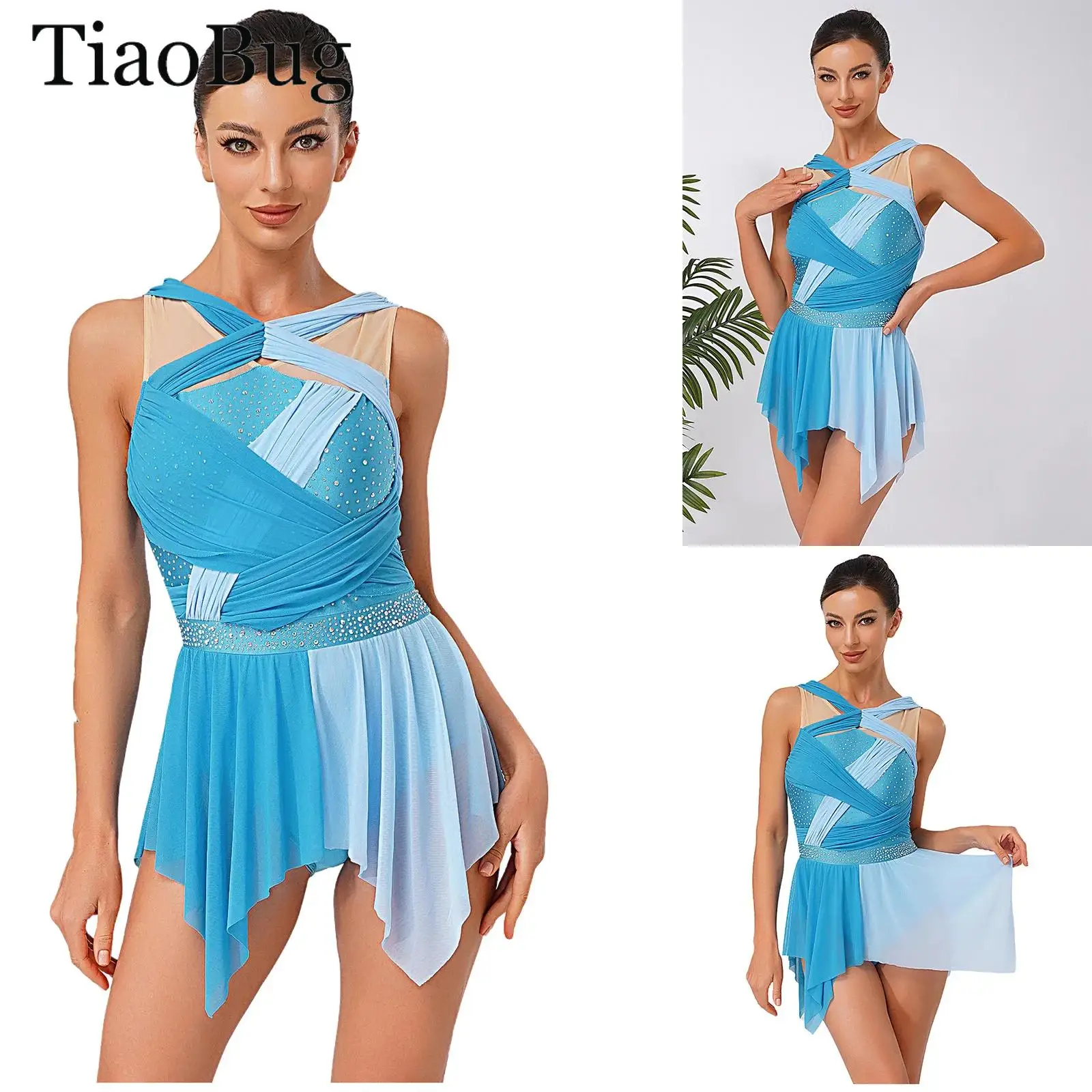 Womens Rhinestone Lyrical Dance Dress Color Block Mesh Ruched Twisted Knot Irregular Hem Sleeveless Leotard Dress