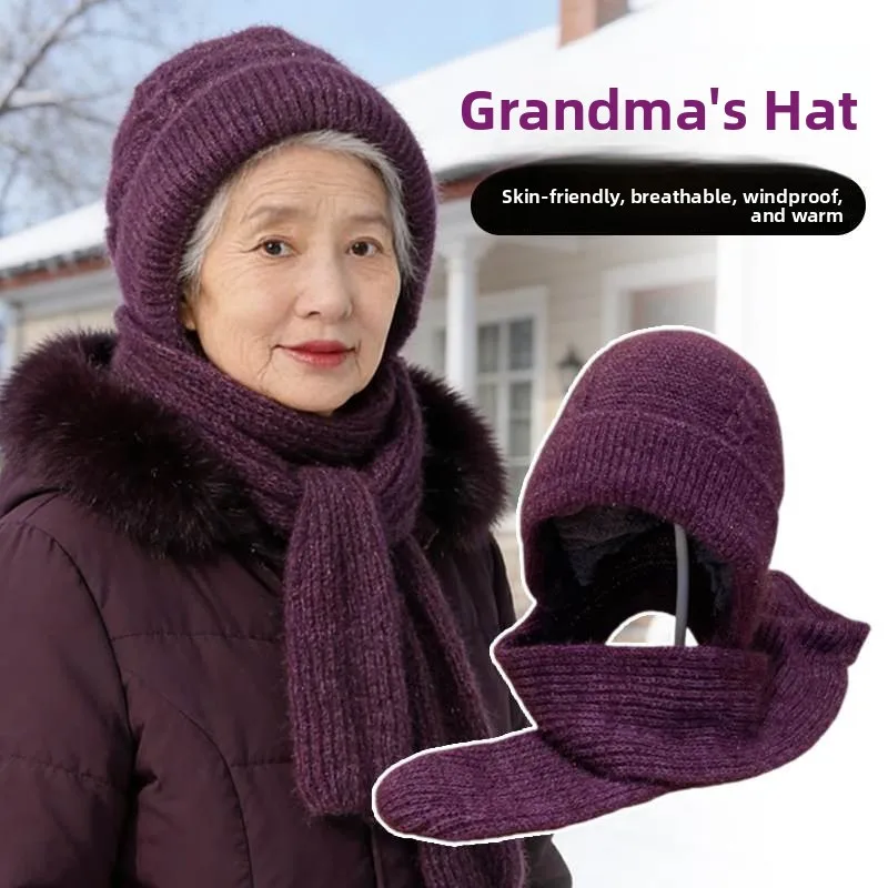 

Утепленный зимний комплект: шапка и шарф из флиса, вязаный, ветрозащитный, для защиты шеи, женская теплая шапка для бабушек