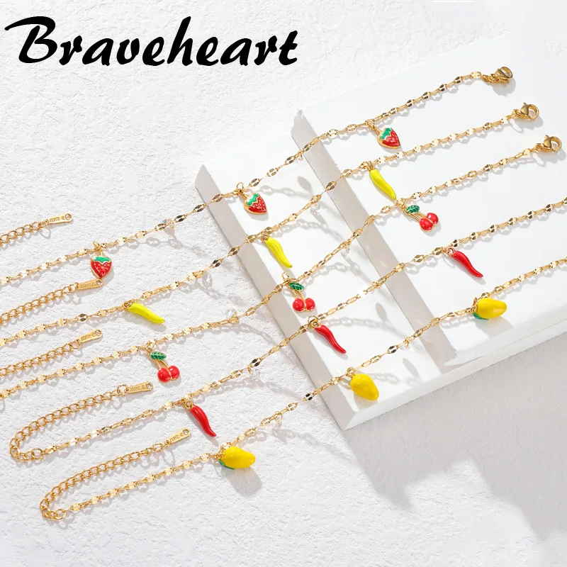 

Summer Fashion Gold Plated Anklet For Women Cherry Chili Mango Strawberry Charms Stainless Steel Beach Holiday Jewelry Gifts