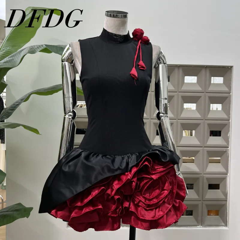 Dfdg 2025 primavera verão semi-tartaruga pescoço contraste painel em camadas vestido com floral irregular usar tecido elástico respirável