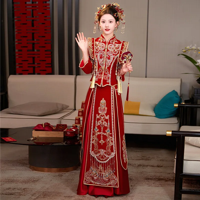 

Xiuhe Groom Suits Hanfu Bride Ancient Chinese Wedding Dress Red Velour Costume Traditional Embroidery Clothing Vestido Chino