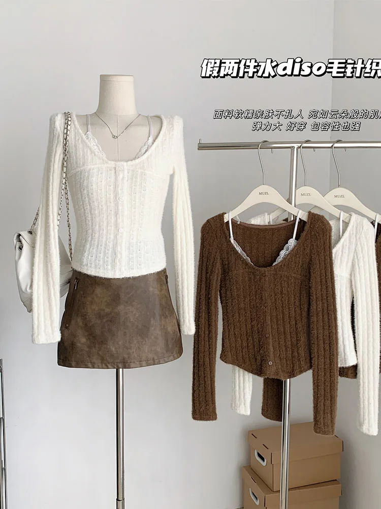 American Retro Slim Sweater Women Fake Two Pieces Knitted Pullover Loose Korean Fashion Casual Jumper Clubwear Autumn Winter